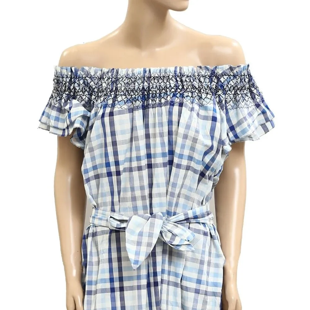 The Great. Plaid Printed Long Maxi Dress Ruffle Off The Shoulder Cotton S 282162